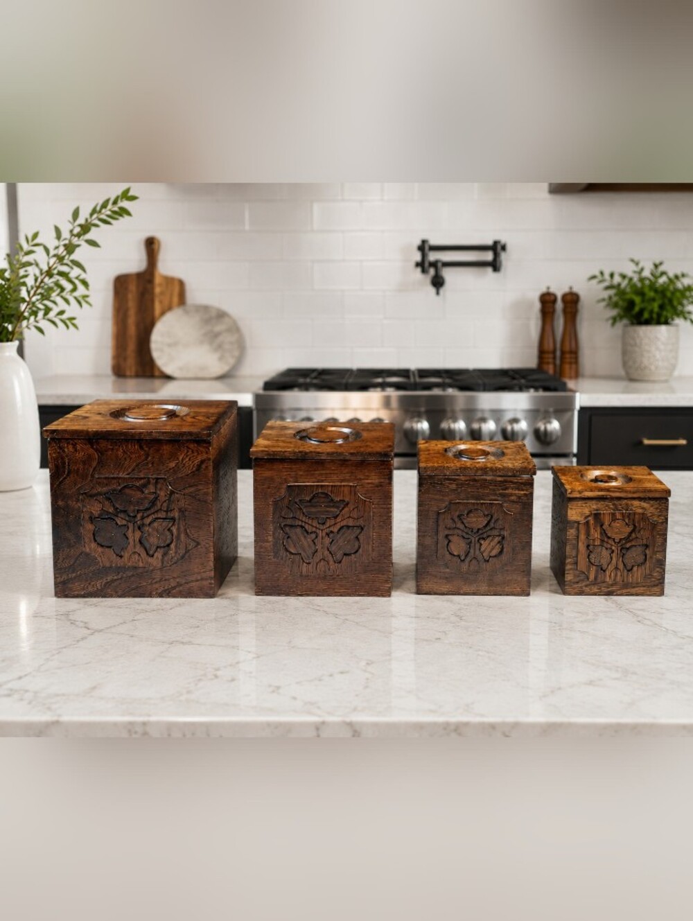 vintage sears 1976 made in japan floral cut out wood 4pc canister set mint - Picture 15 of 16
